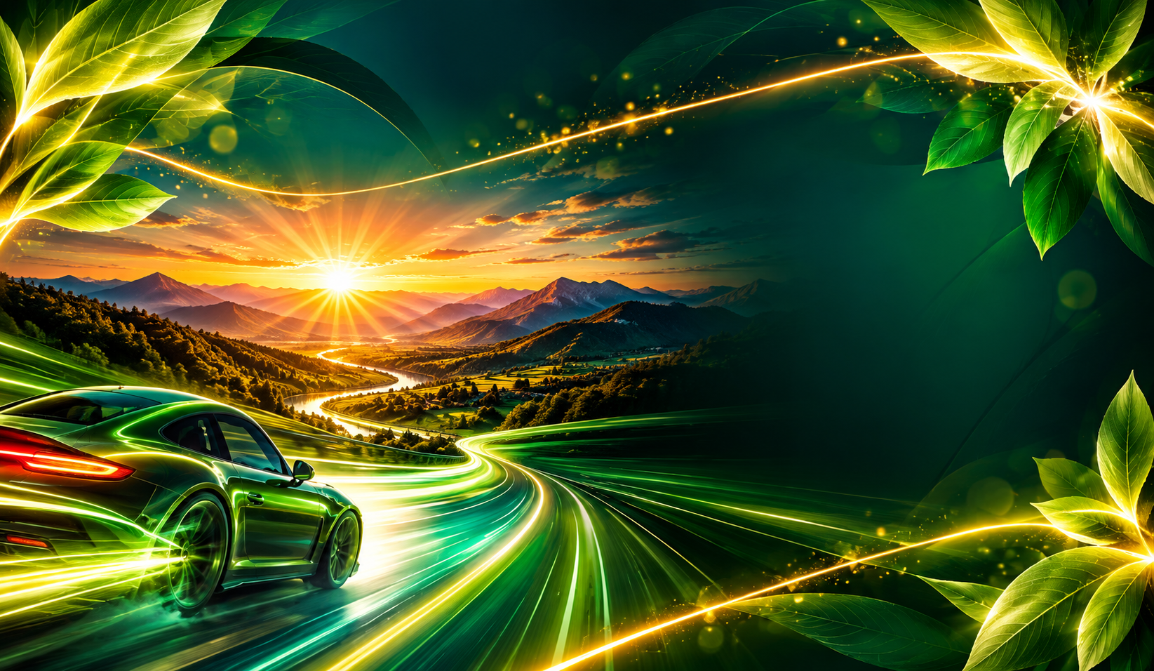 A green sports car follows a luminous road towards the sunrise